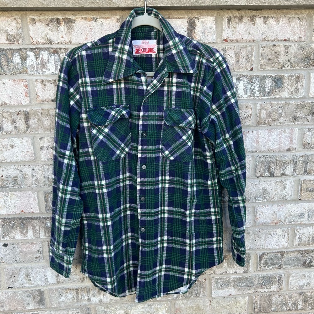 Vintage Oakbrook Green Blue Plaid Flannel Shirt | Men’s M 15½ | Made in Taiwan